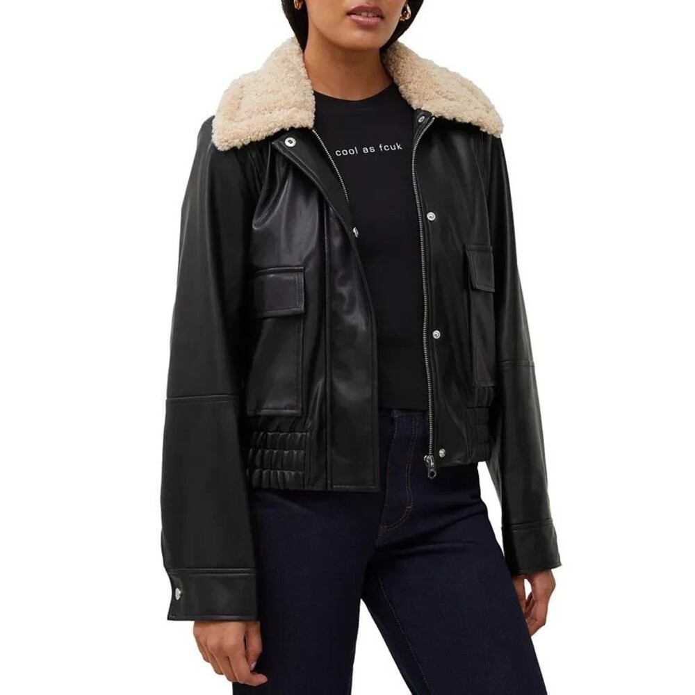French Connection Women's Faux-Leather Long-Sleeve Coat Jacket Chic Cozy Black S